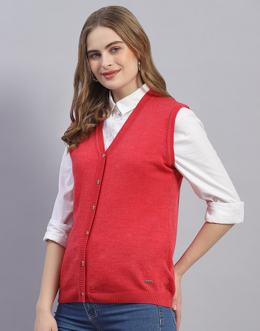 Women Pink Solid V Neck Sleeveless Cardigan
