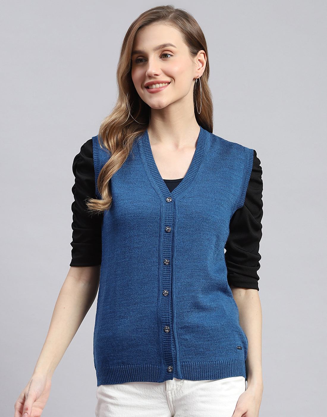 Women Blue Solid V Neck Sleeveless Cardigans