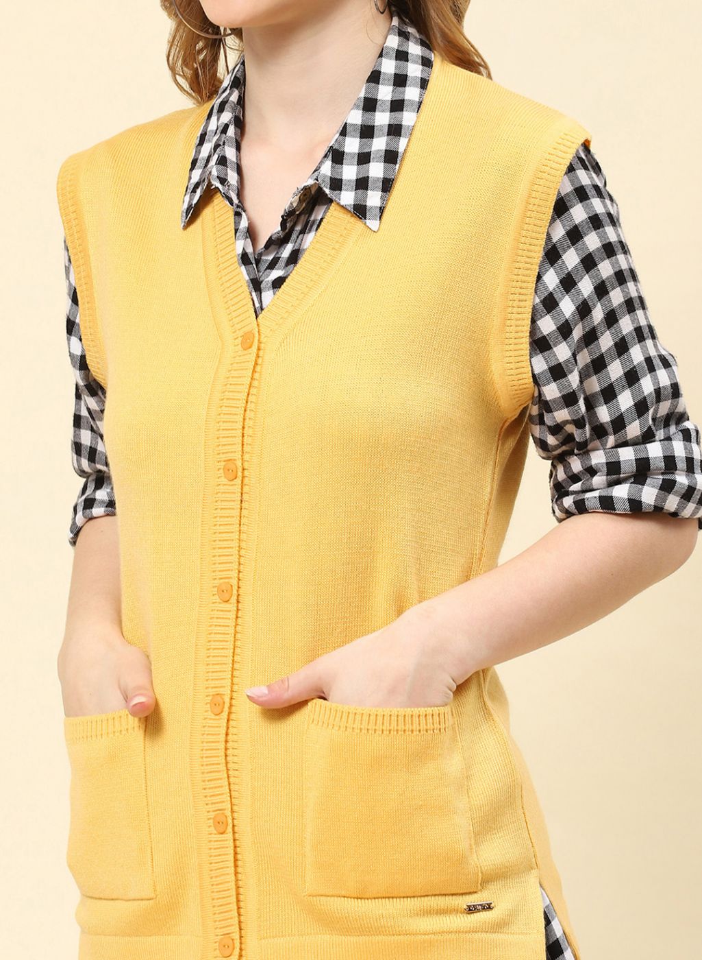Women Yellow Solid Blend wool Cardigan