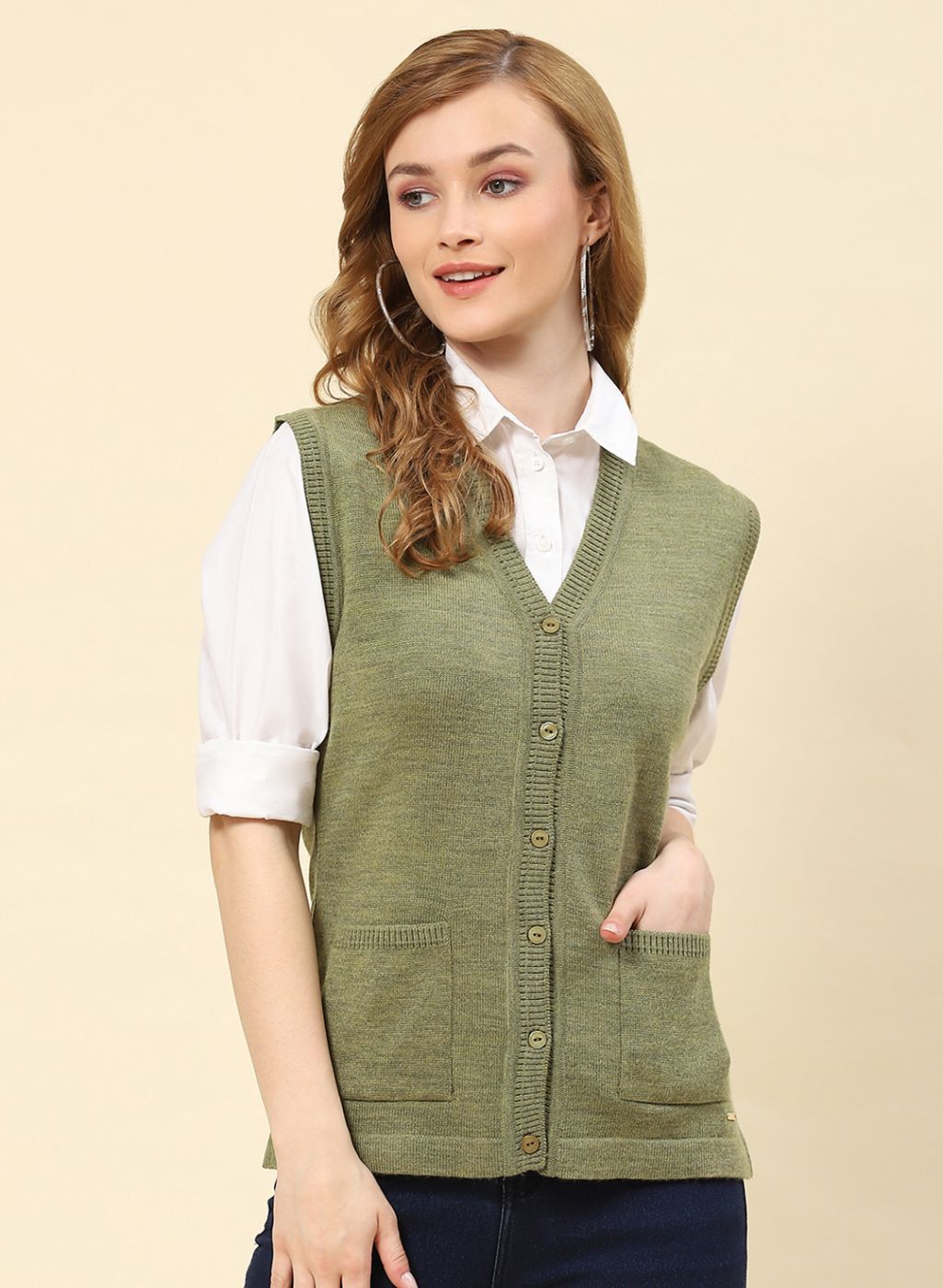 Women Olive Solid Blend wool Cardigan
