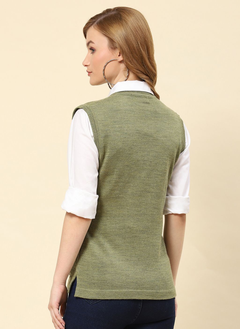 Women Olive Solid Blend wool Cardigan