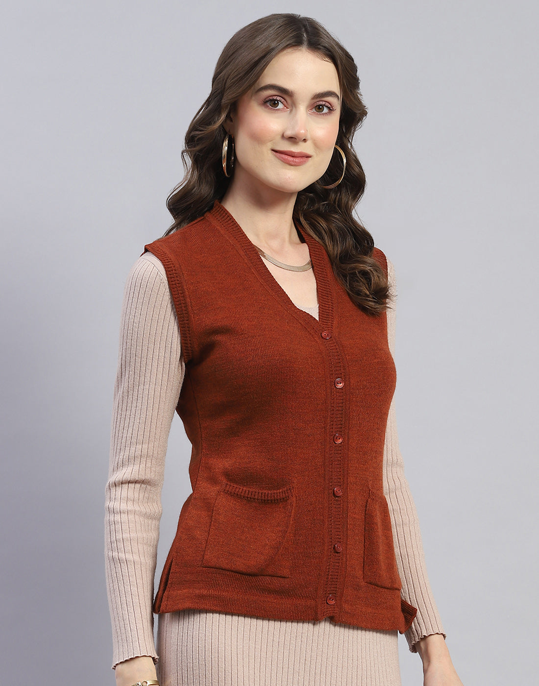 Women Rust Solid V Neck Sleeveless Cardigan