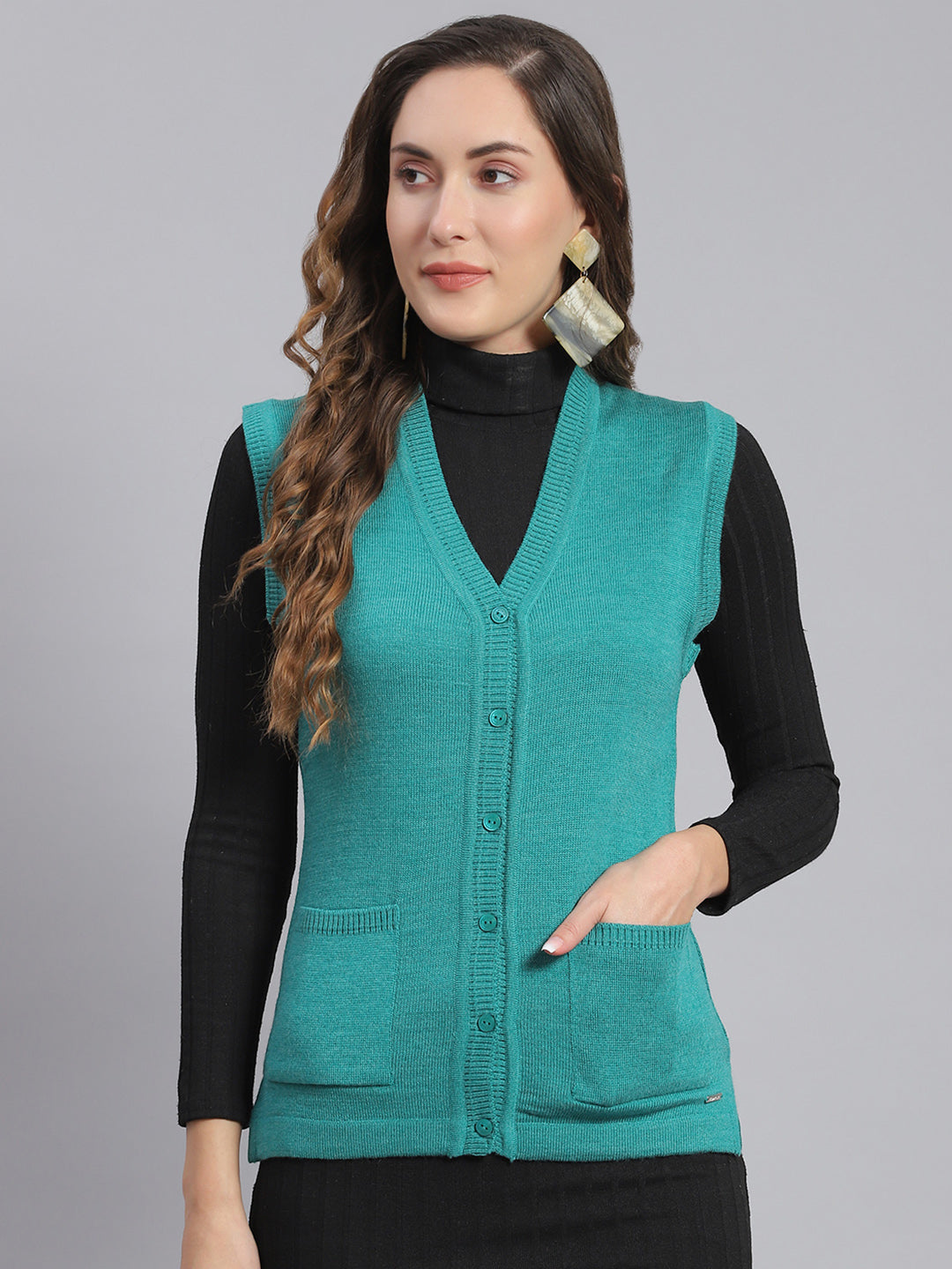 Women Teal Blue Solid V Neck Sleeveless Cardigans