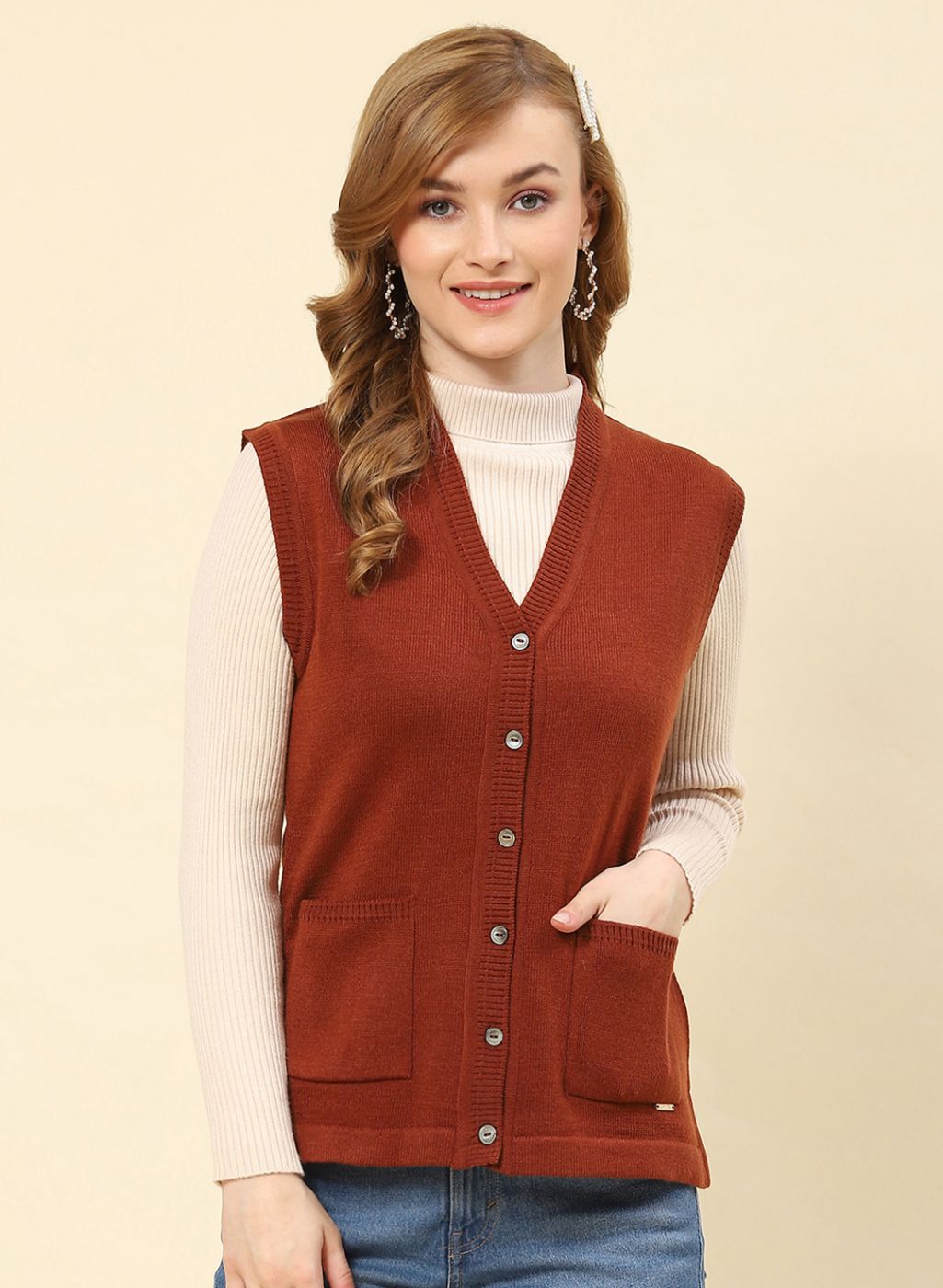 Women Brown Solid Blend wool Cardigan