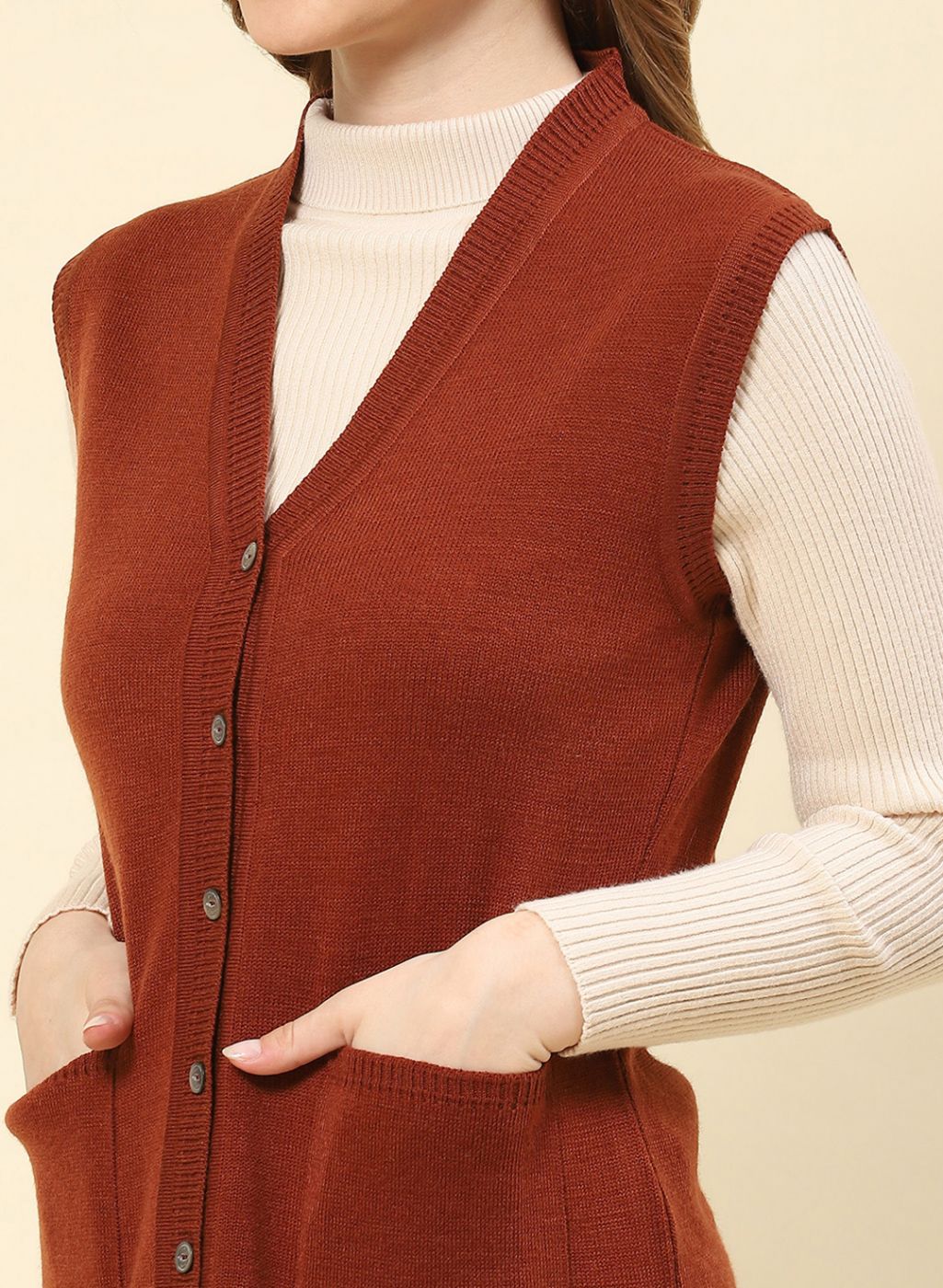 Women Brown Solid Blend wool Cardigan