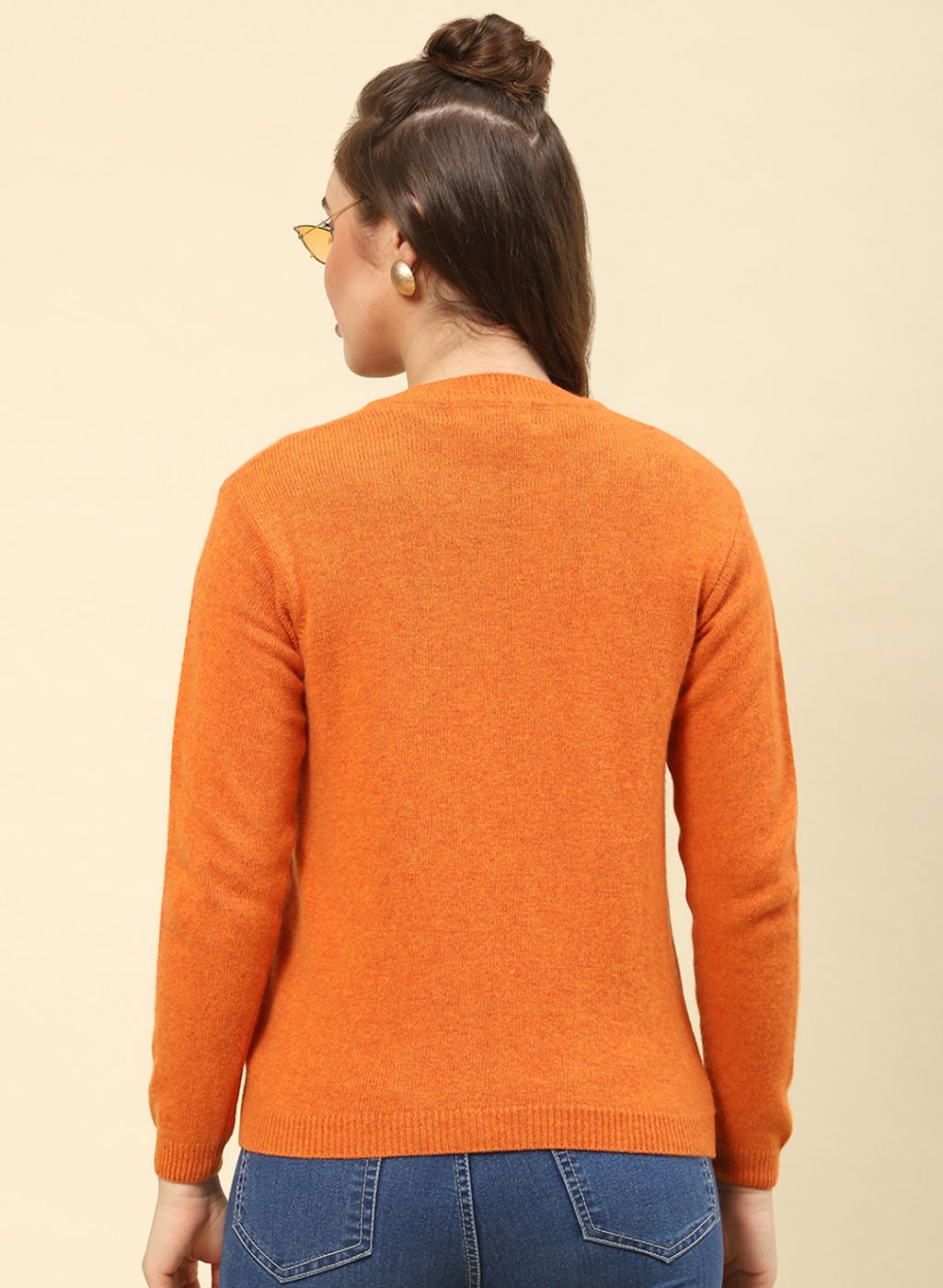 Women Orange Solid Lamb wool Cardigan