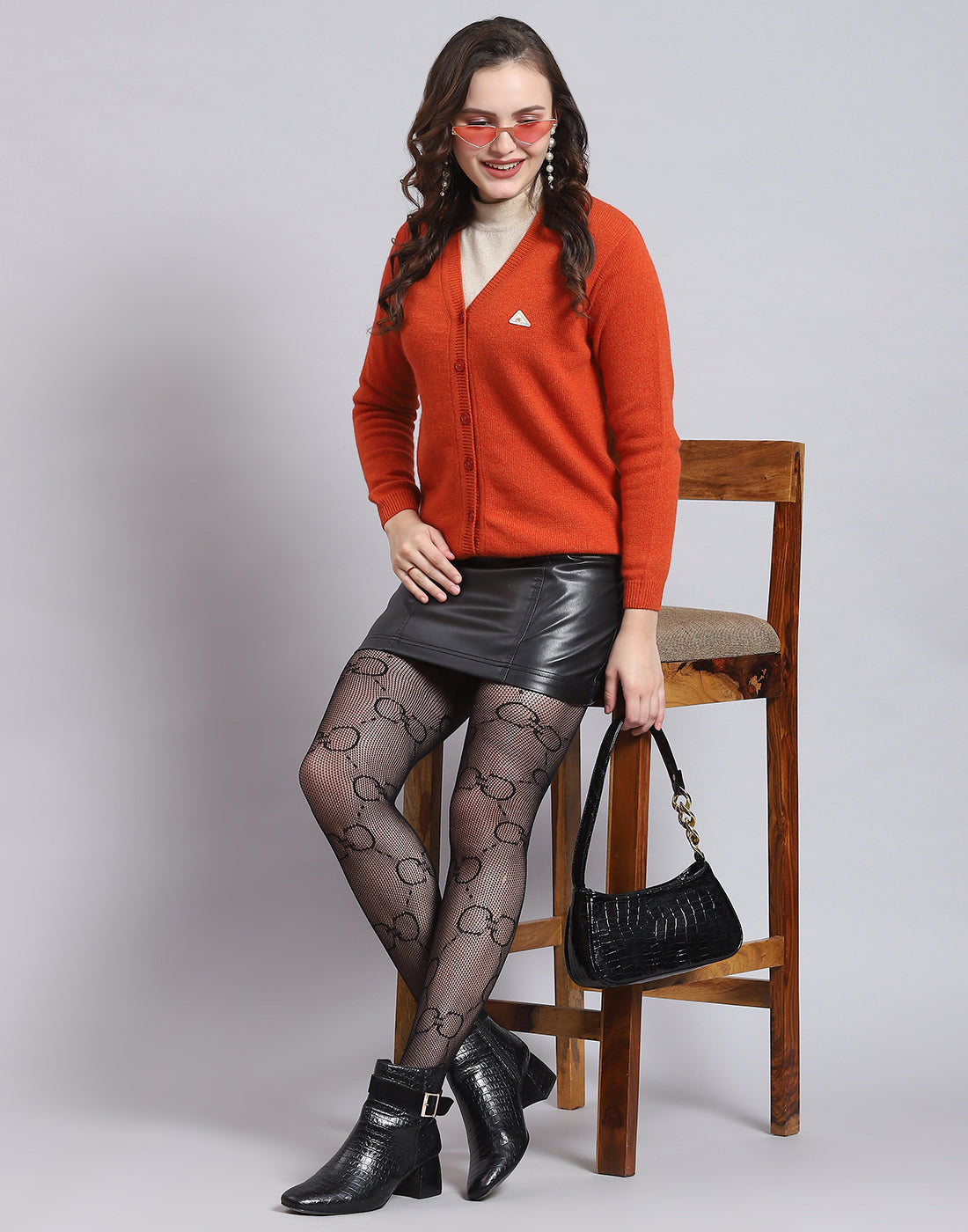 Women Orange Solid V Neck Full Sleeve Sweater