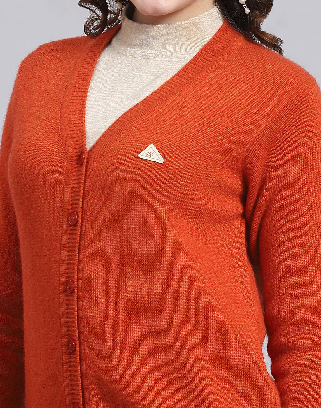 Women Orange Solid V Neck Full Sleeve Sweater