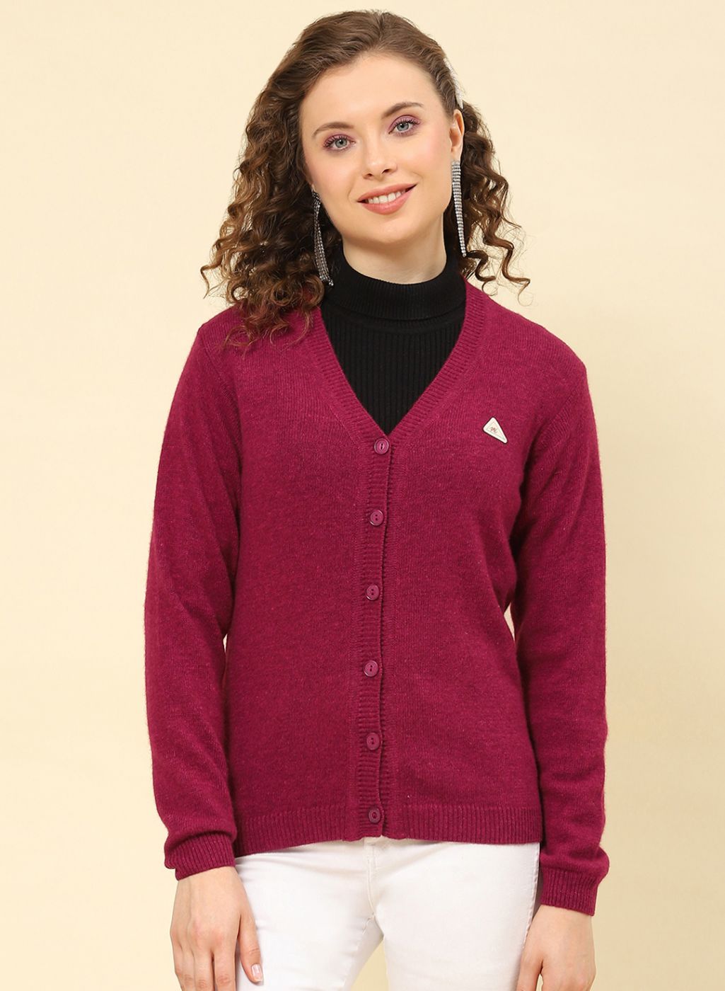 Women Maroon Solid Lamb wool Cardigan