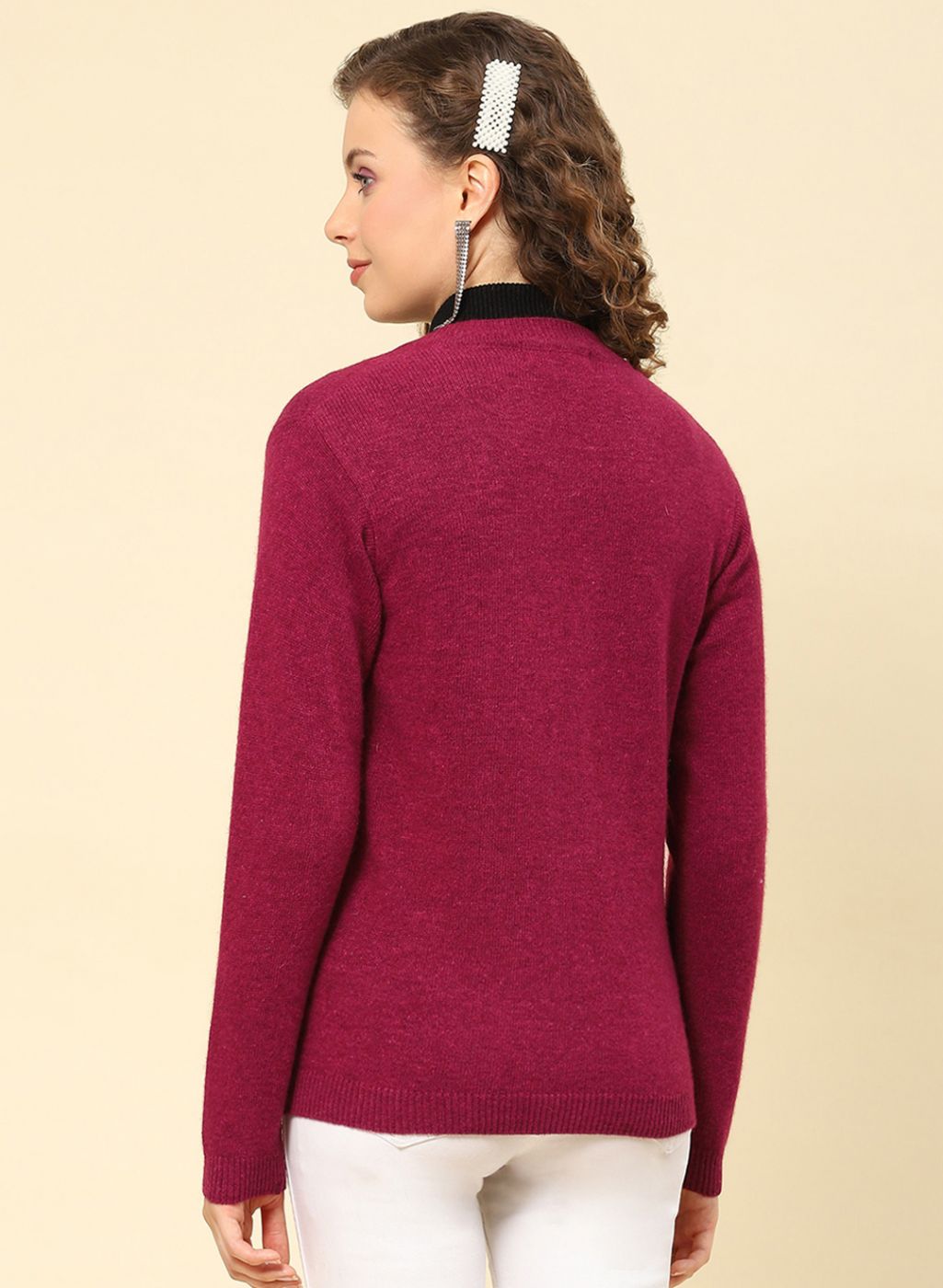 Women Maroon Solid Lamb wool Cardigan