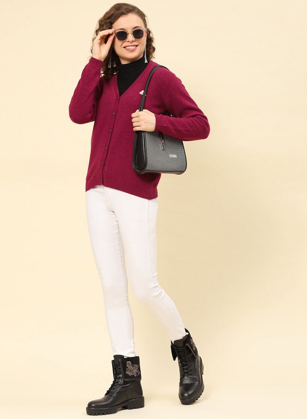 Women Maroon Solid Lamb wool Cardigan