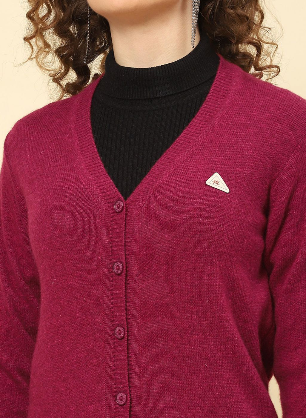 Women Maroon Solid Lamb wool Cardigan