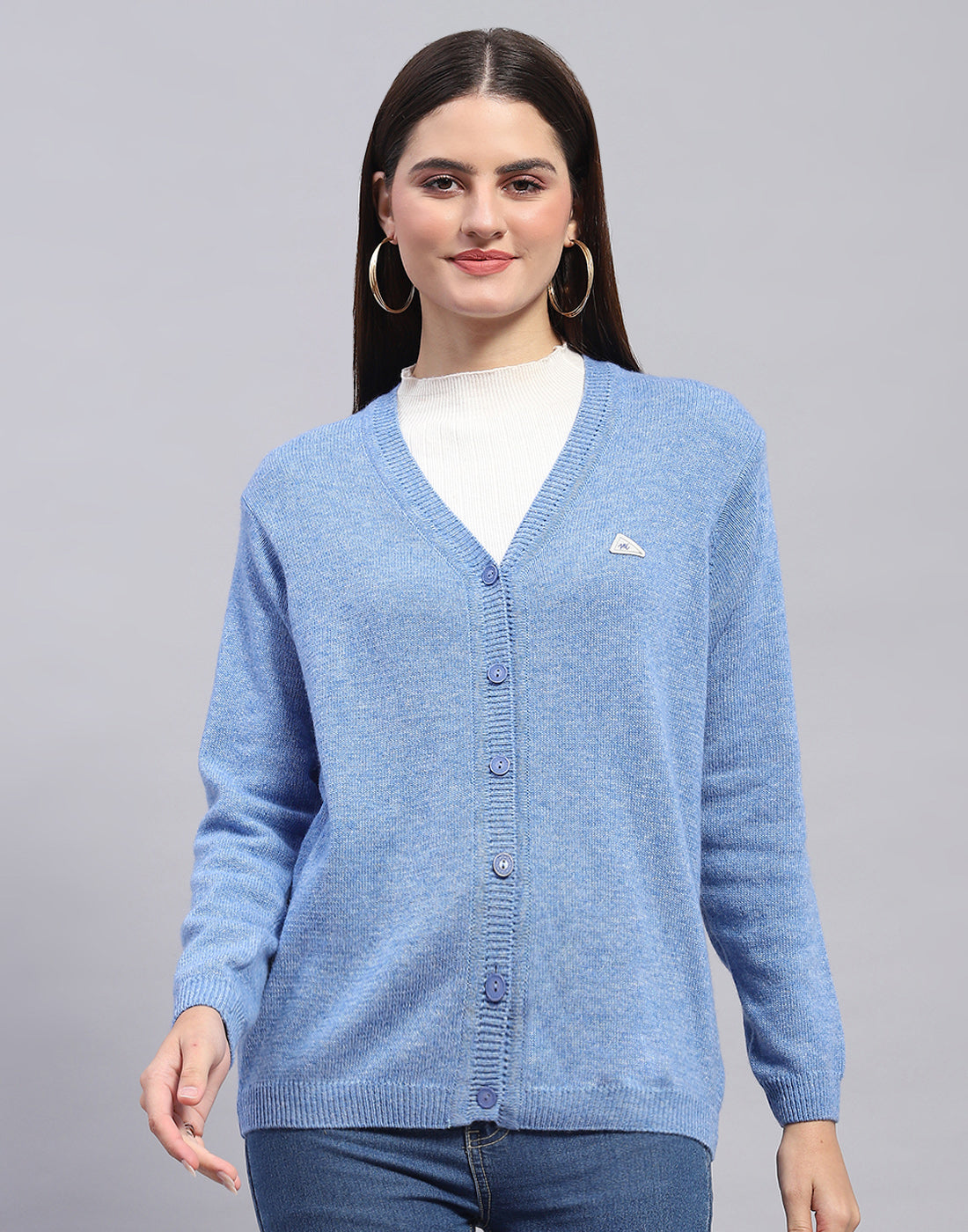 Women Blue Solid V Neck Full Sleeve Cardigan