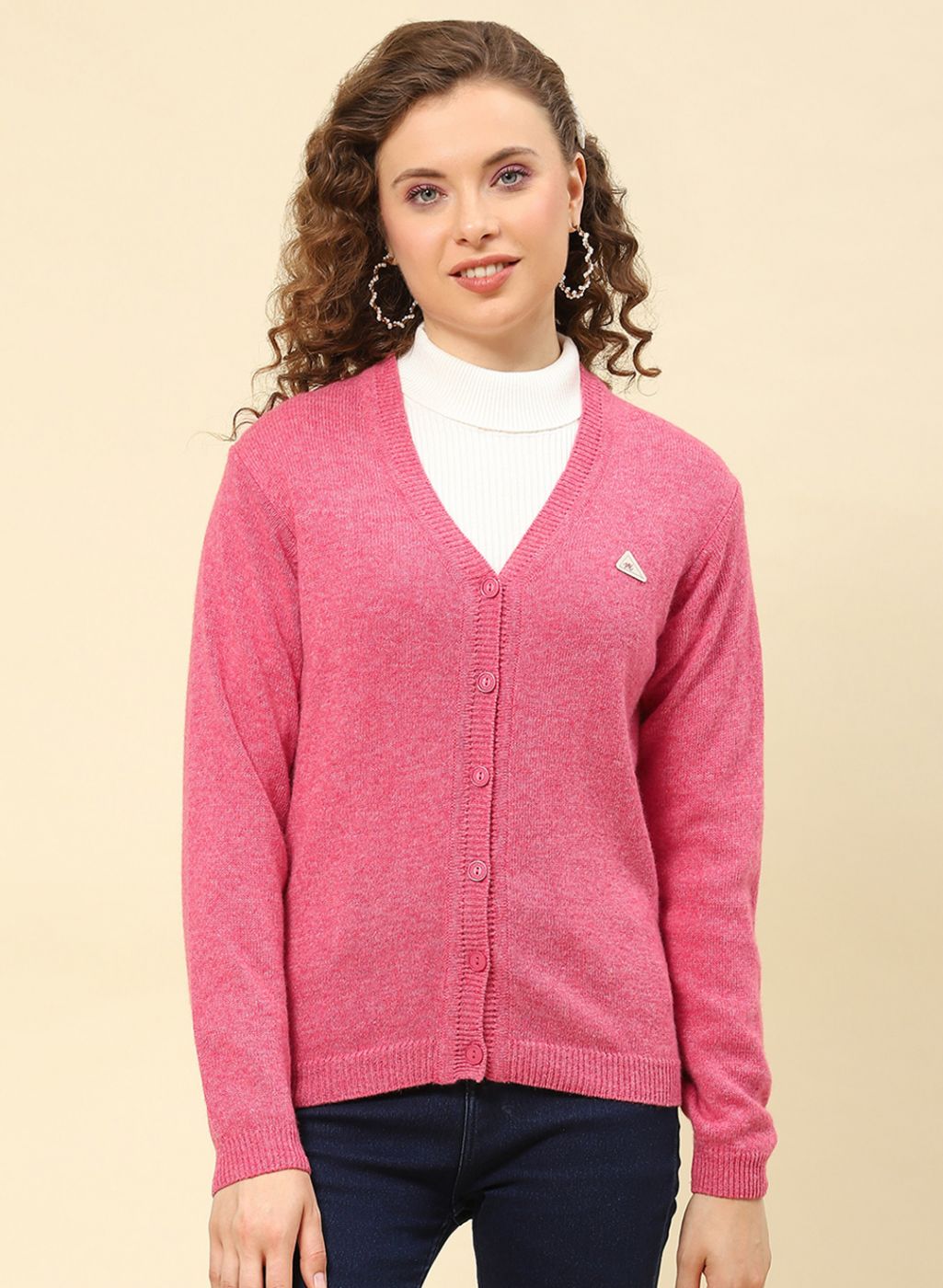 Women Pink Solid Lamb wool Cardigan