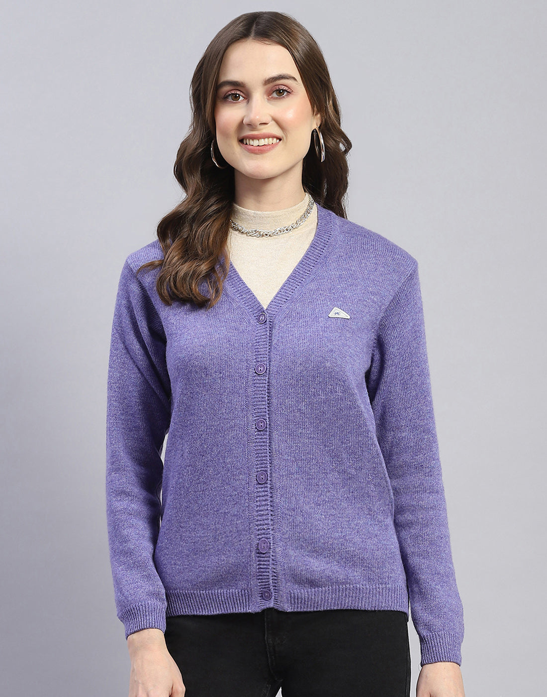 Women Purple Solid V Neck Full Sleeve Cardigan