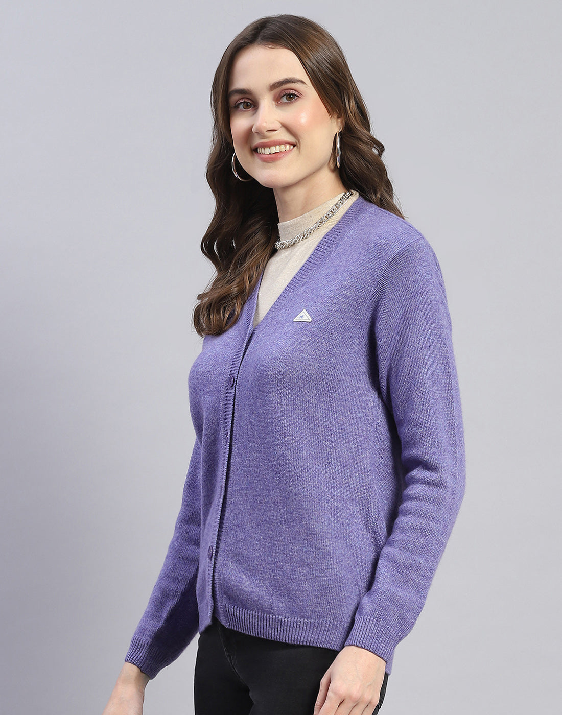 Women Purple Solid V Neck Full Sleeve Cardigan