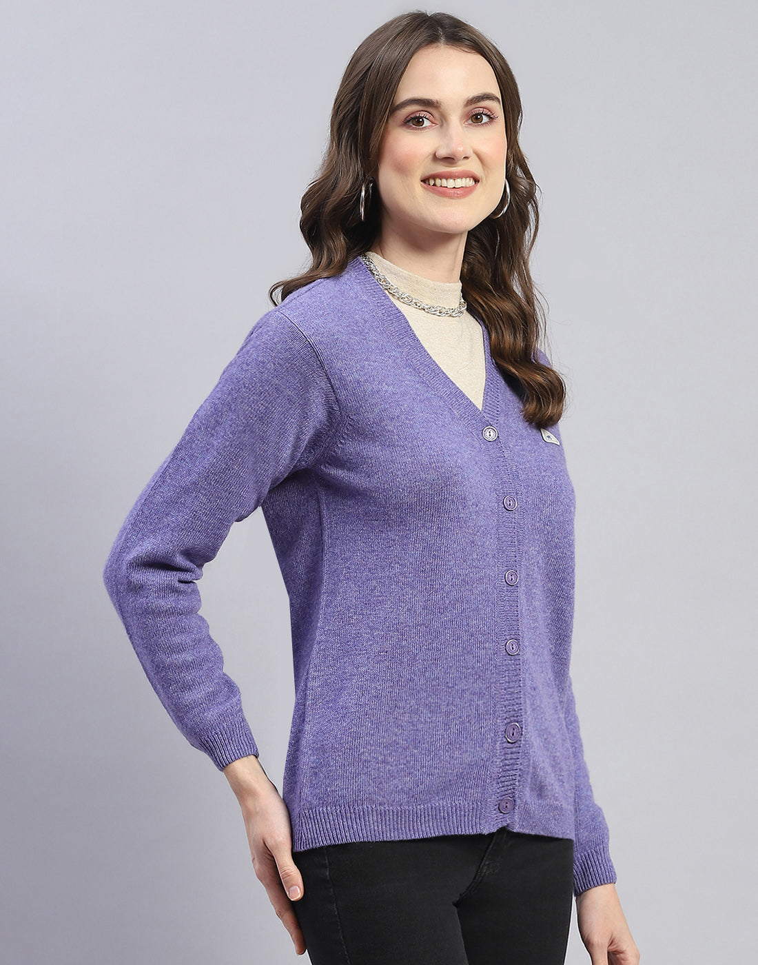 Women Purple Solid V Neck Full Sleeve Cardigan