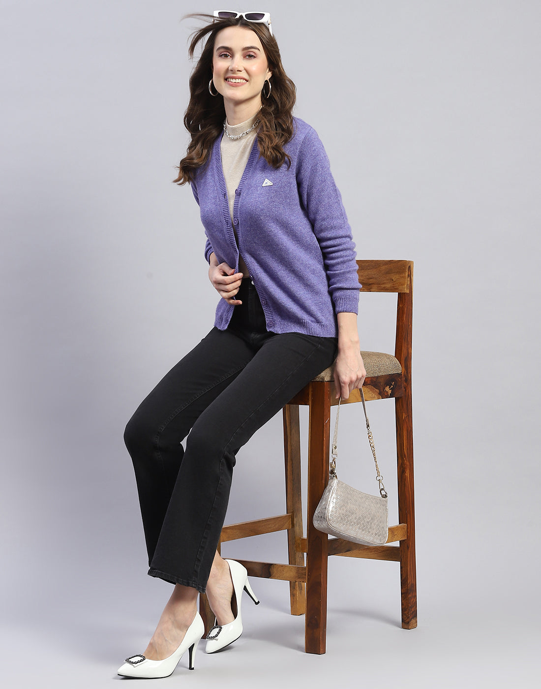 Women Purple Solid V Neck Full Sleeve Cardigan