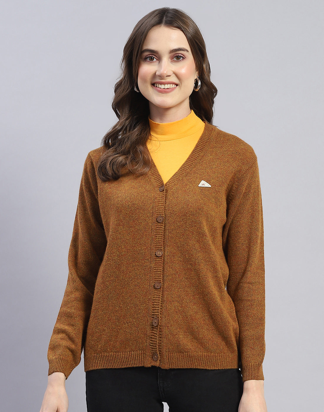 Women Brown Solid V Neck Full Sleeve Cardigan