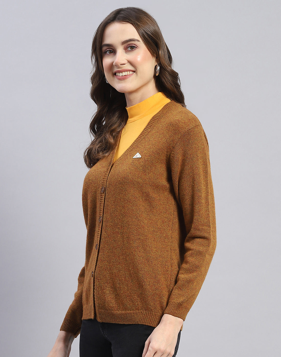 Women Brown Solid V Neck Full Sleeve Cardigan