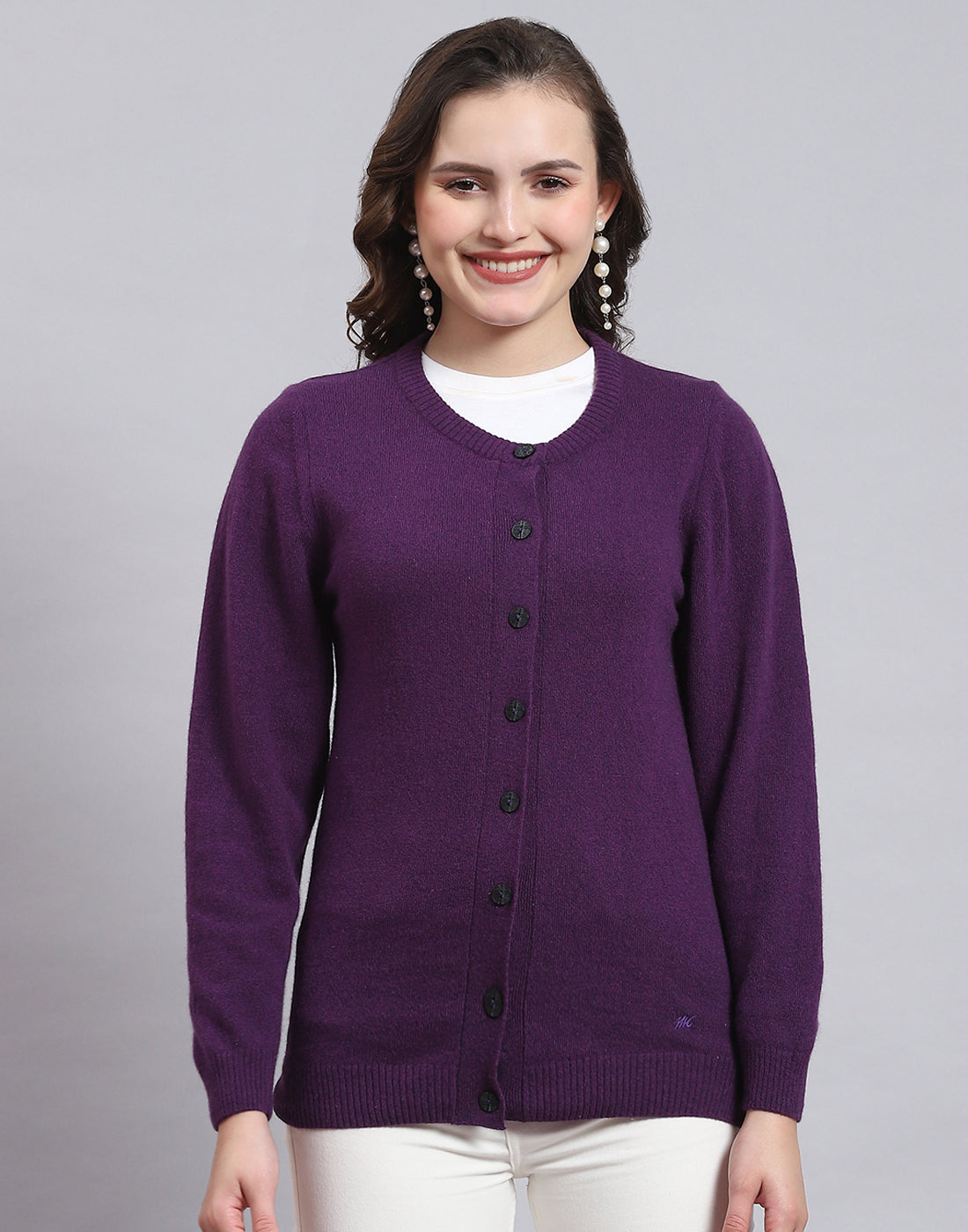 Women Purple Solid Round Neck Full Sleeve Sweater