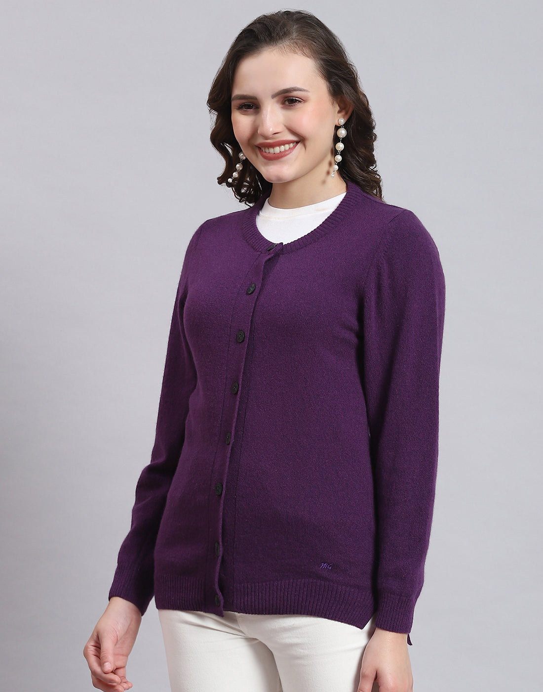 Women Purple Solid Round Neck Full Sleeve Sweater