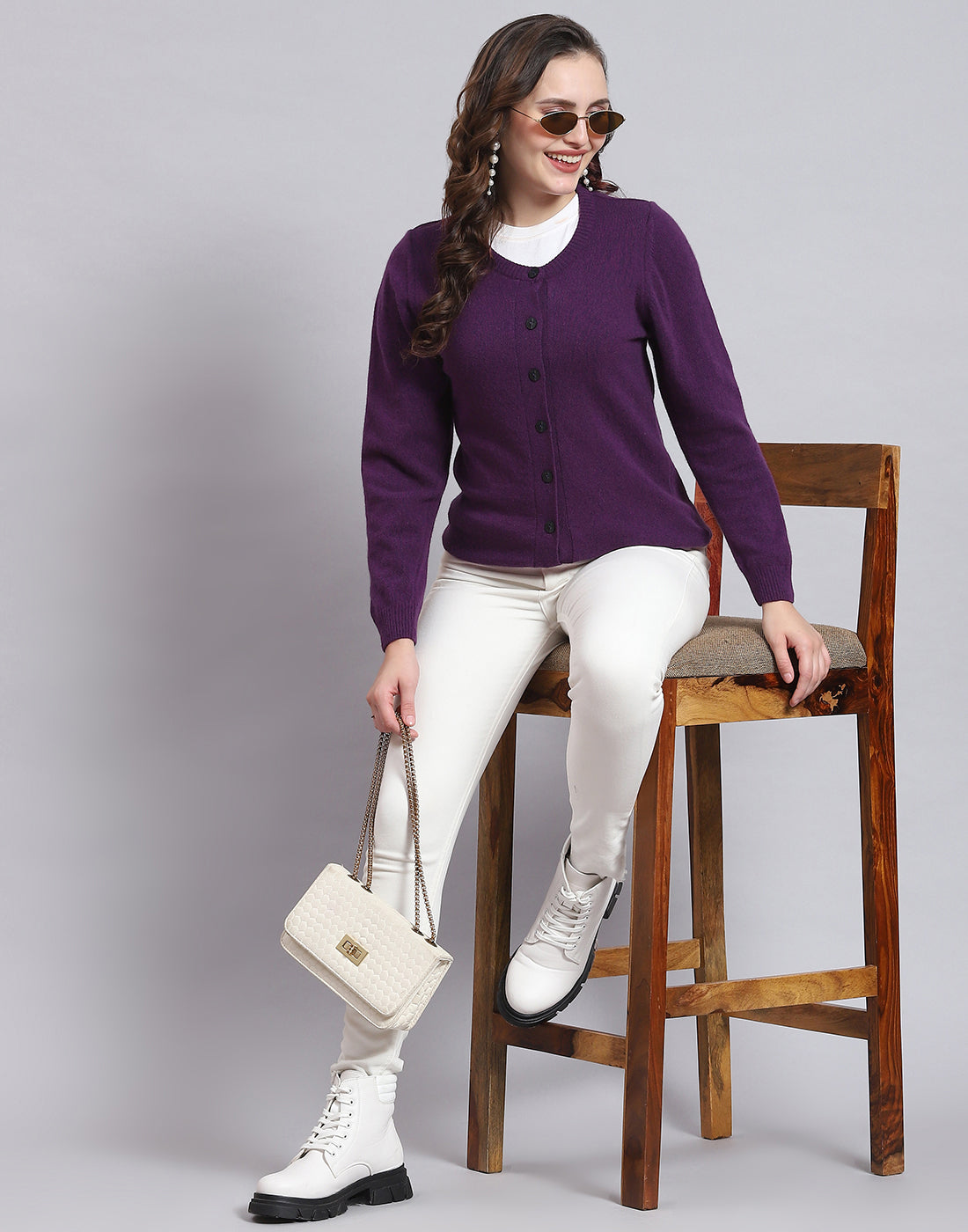 Women Purple Solid Round Neck Full Sleeve Sweater