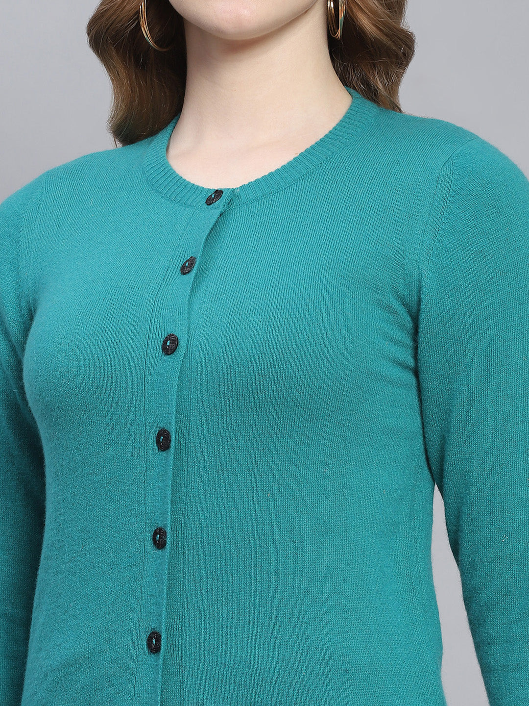 Women Teal Blue Solid Round Neck Full Sleeve Cardigans