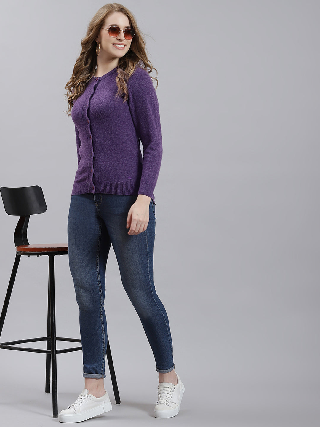 Women Purple Solid Cardigan