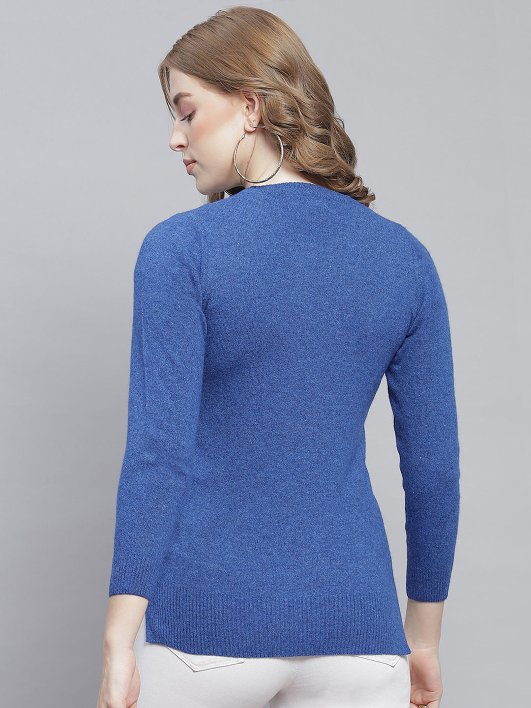 Women Blue Solid Round Neck Full Sleeve Cardigans