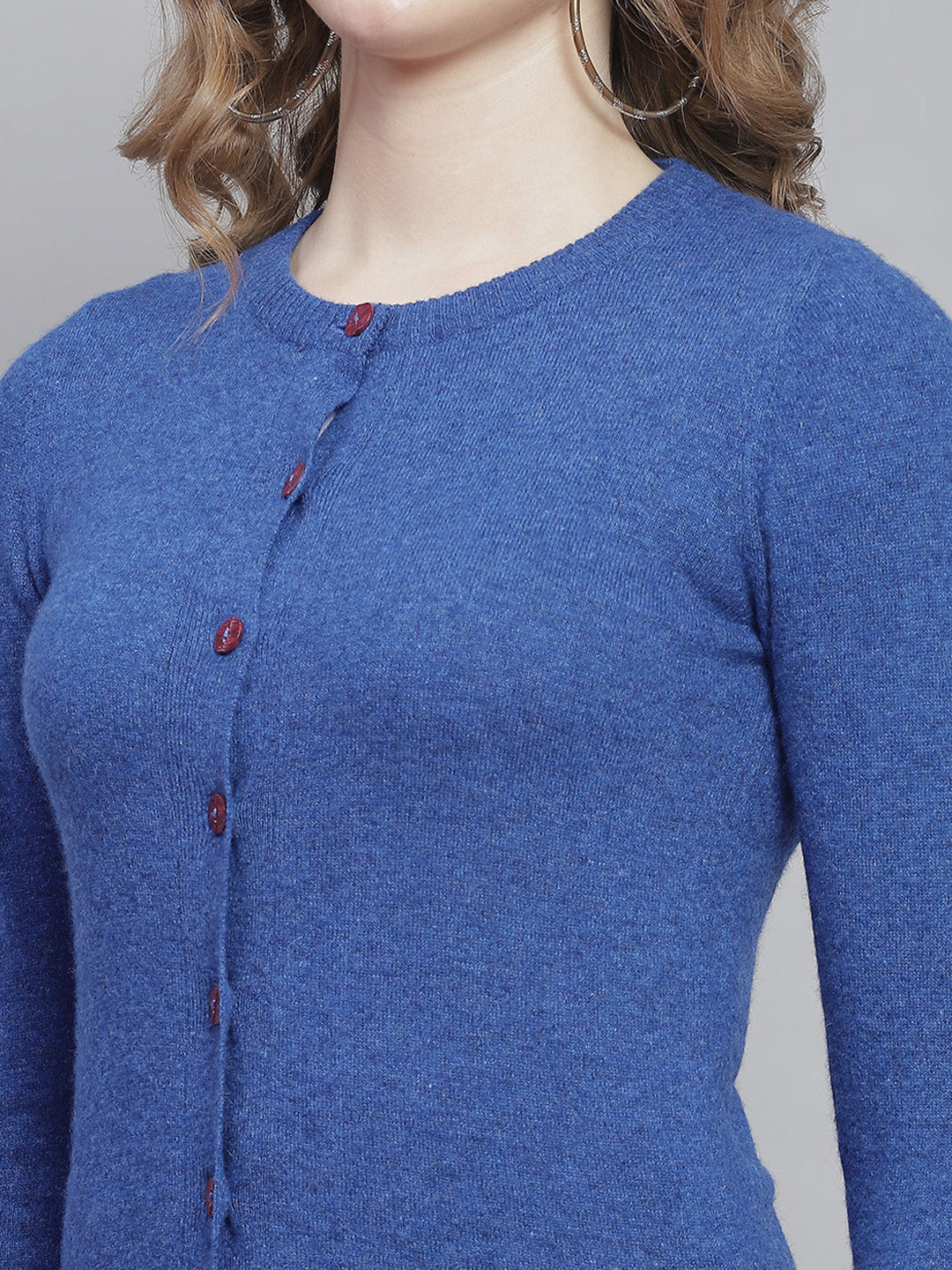 Women Blue Solid Round Neck Full Sleeve Cardigans