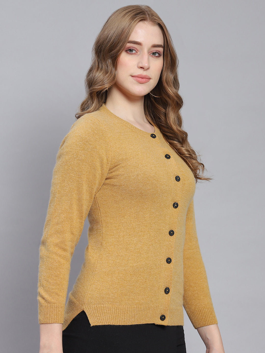 Women Brown Solid Round Neck Full Sleeve Cardigans