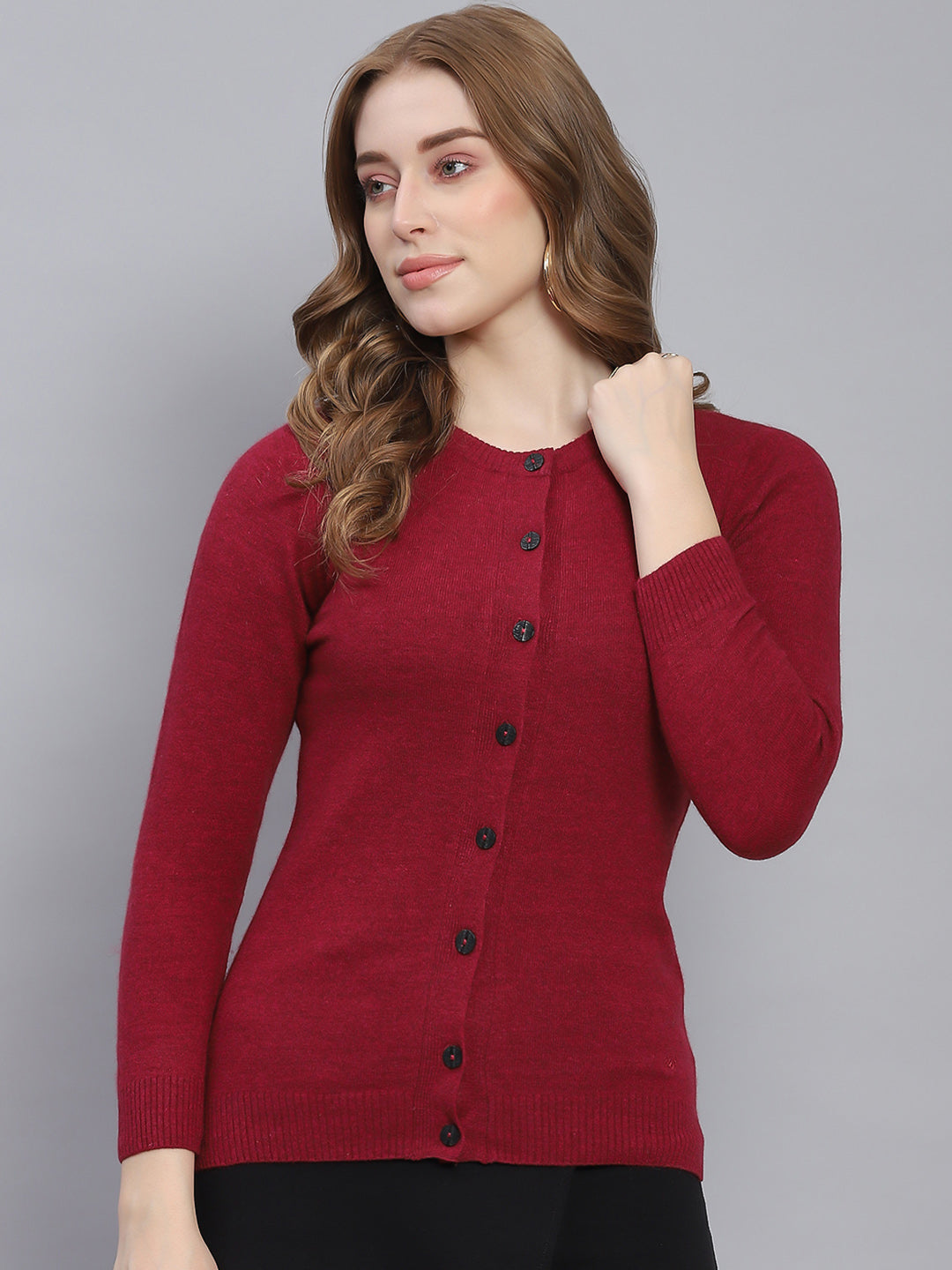 Women Maroon Solid Round Neck Full Sleeve Cardigans