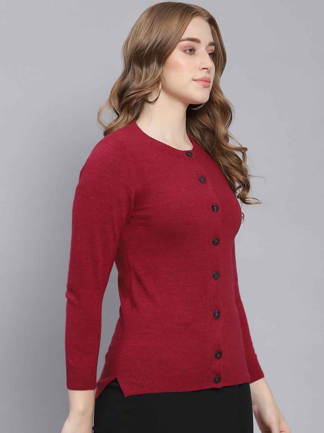 Women Maroon Solid Round Neck Full Sleeve Cardigans
