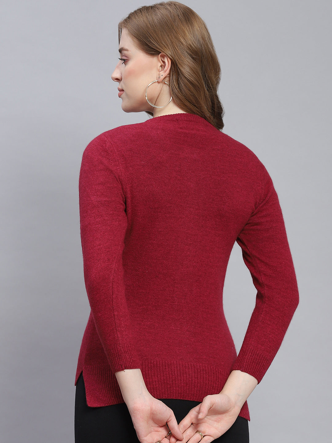 Women Maroon Solid Round Neck Full Sleeve Cardigans
