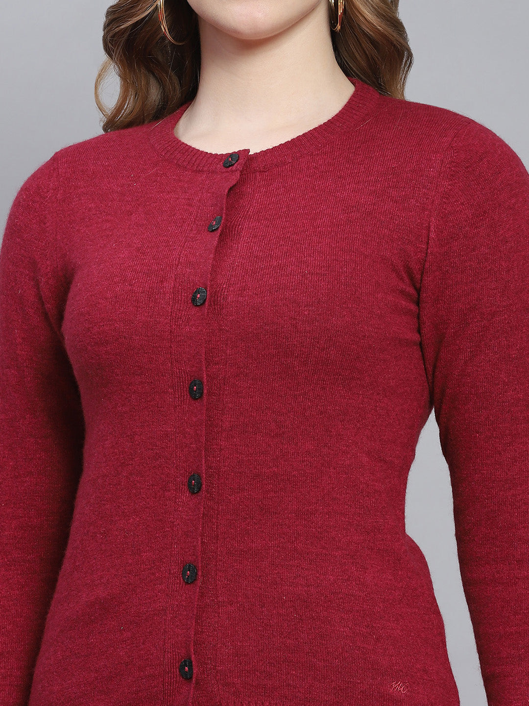 Women Maroon Solid Round Neck Full Sleeve Cardigans