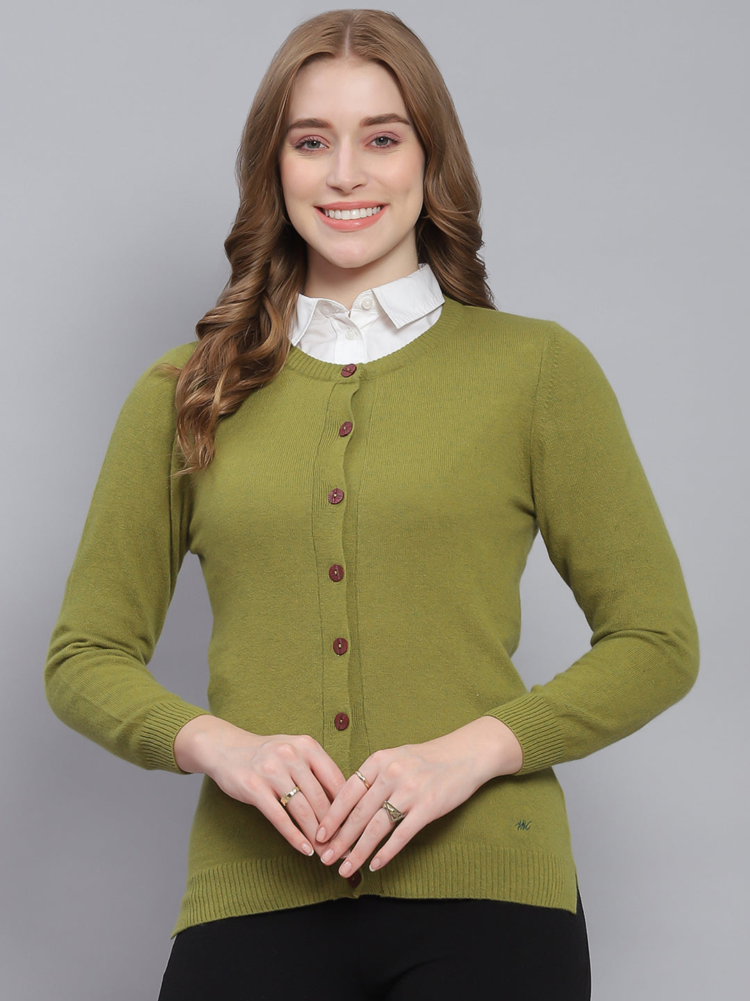 Women Green Solid Round Neck Full Sleeve Cardigans