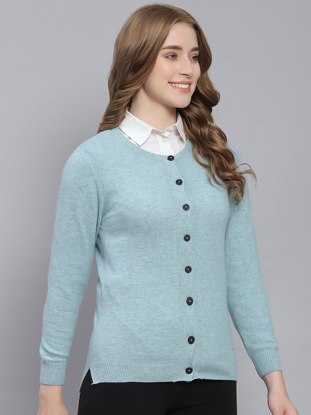 Women Blue Solid Round Neck Full Sleeve Cardigans