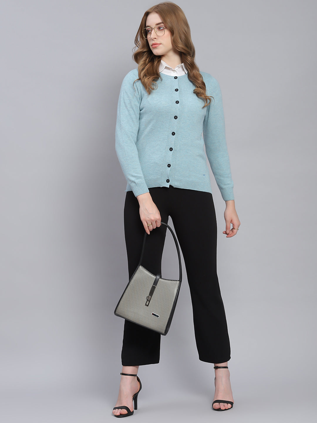 Women Blue Solid Round Neck Full Sleeve Cardigans