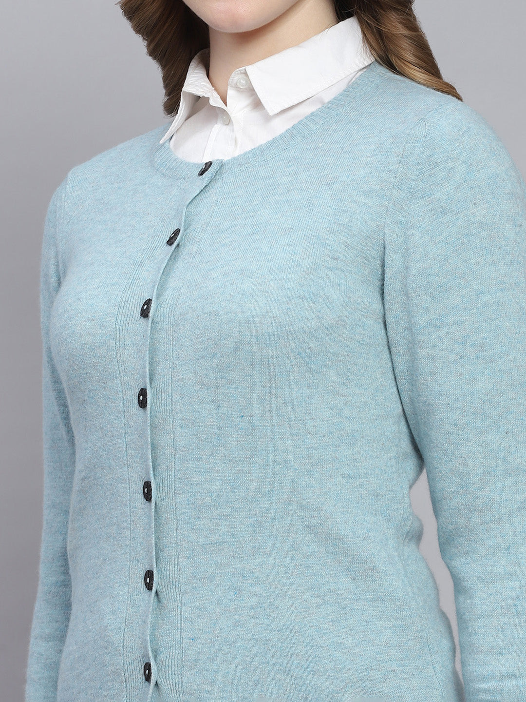 Women Blue Solid Round Neck Full Sleeve Cardigans