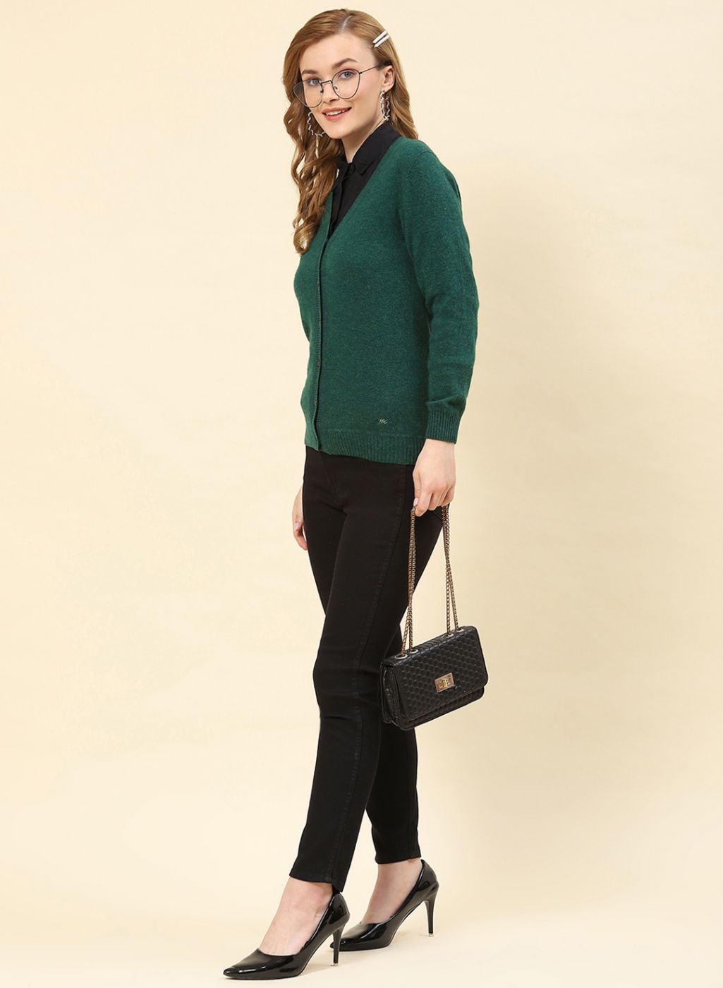 Women Green Solid Lamb wool Cardigan
