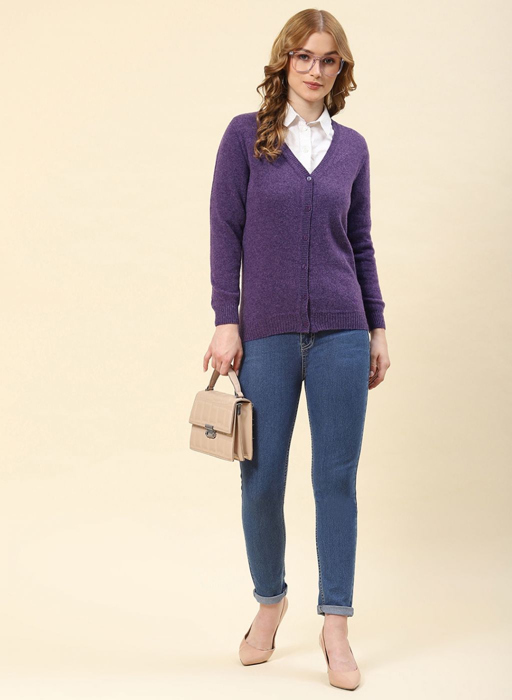 Women Purple Solid Lamb wool Cardigan