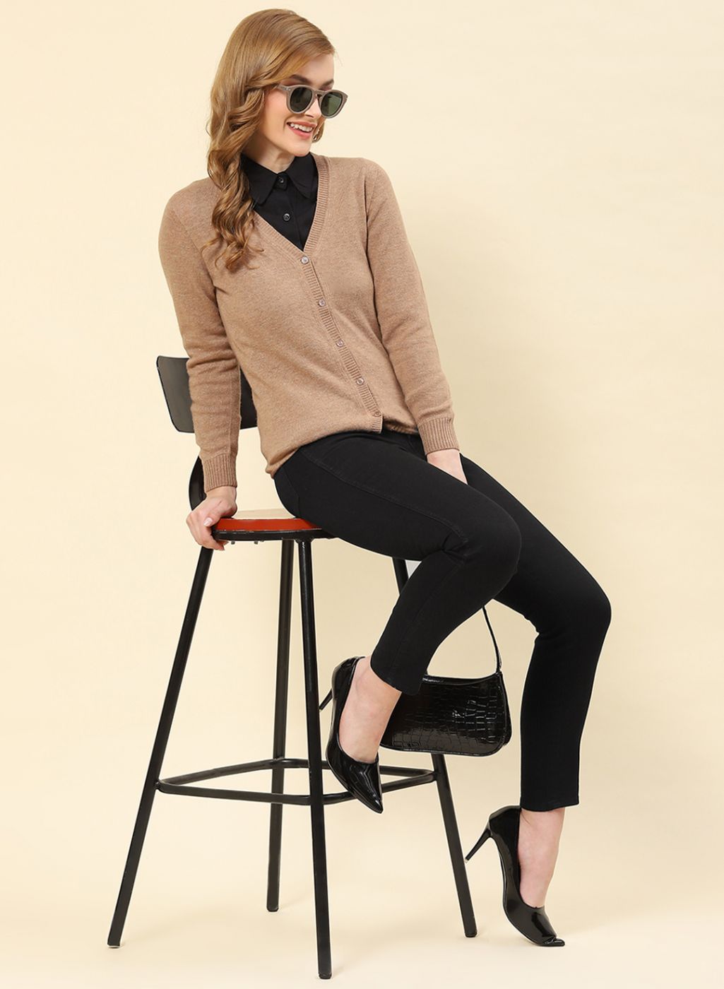 Women Brown Solid Lamb wool Cardigan