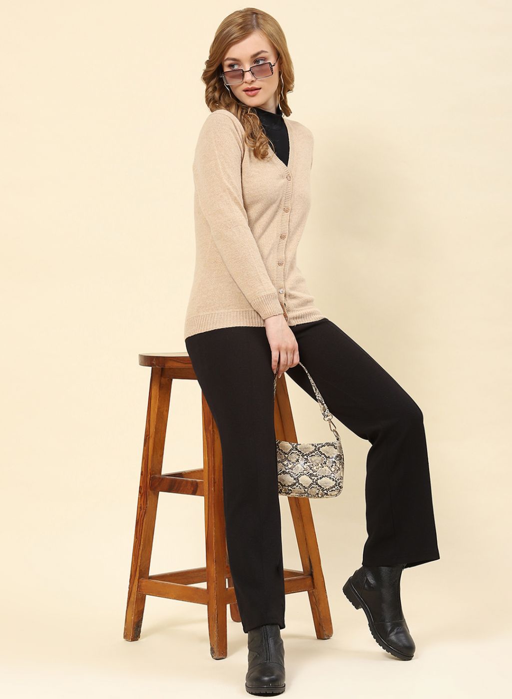 Buy Women Camel Brown Solid Lamb wool Cardigan Online in India