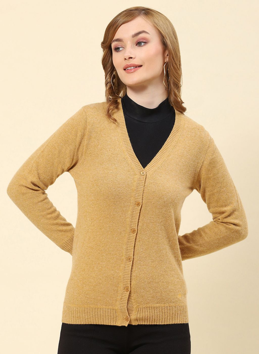 Women Camel Brown Solid Lamb wool Cardigan