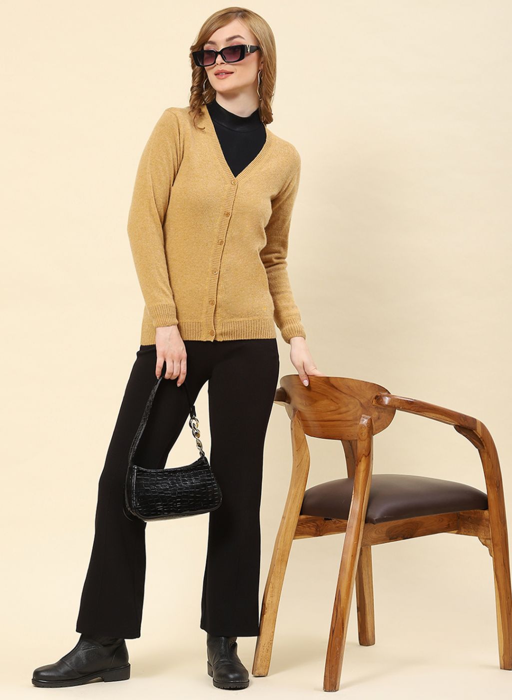 Women Camel Brown Solid Lamb wool Cardigan