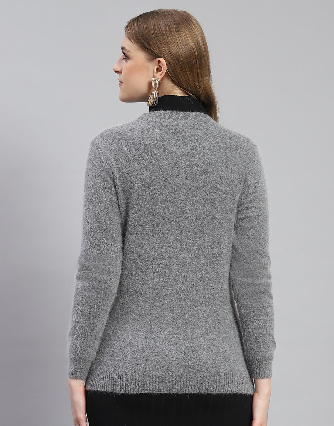 Women Grey Solid Round Neck Full Sleeve Cardigan