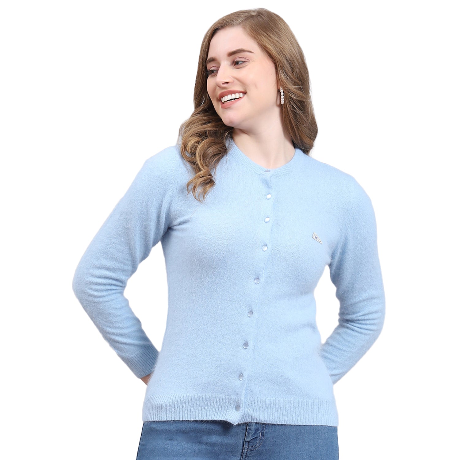 Women Blue Solid Round Neck Full Sleeve Cardigan