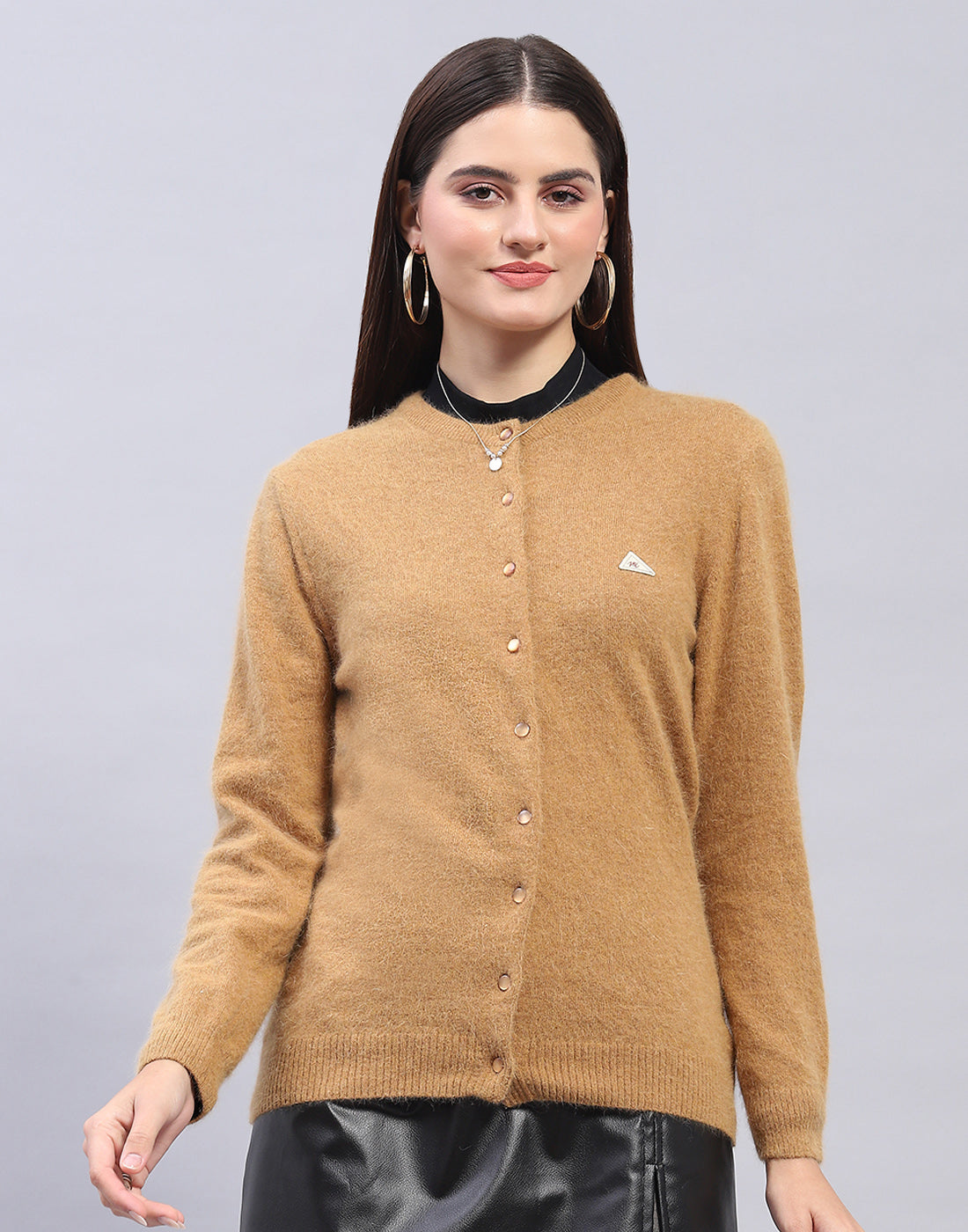 Women Brown Solid Round Neck Full Sleeve Cardigan