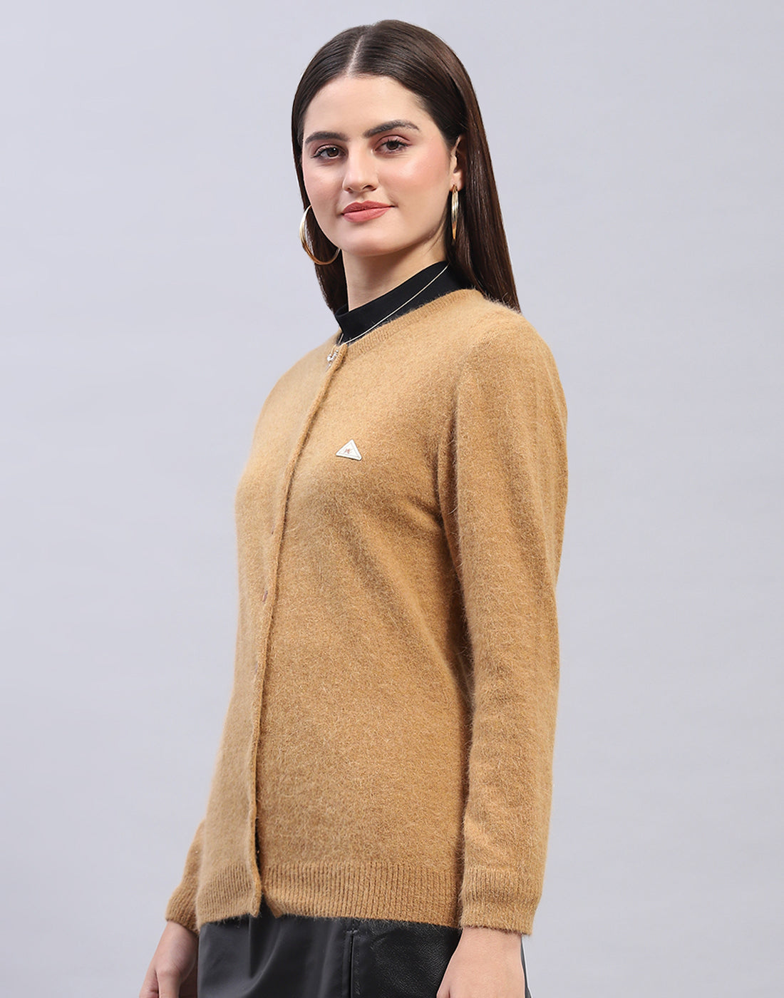 Women Brown Solid Round Neck Full Sleeve Cardigan